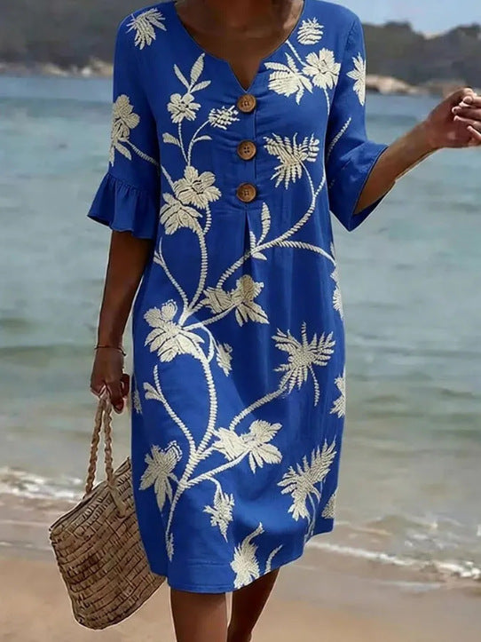 Women's V-Neck Printed Ruffle Mid-Sleeve Summer Dress