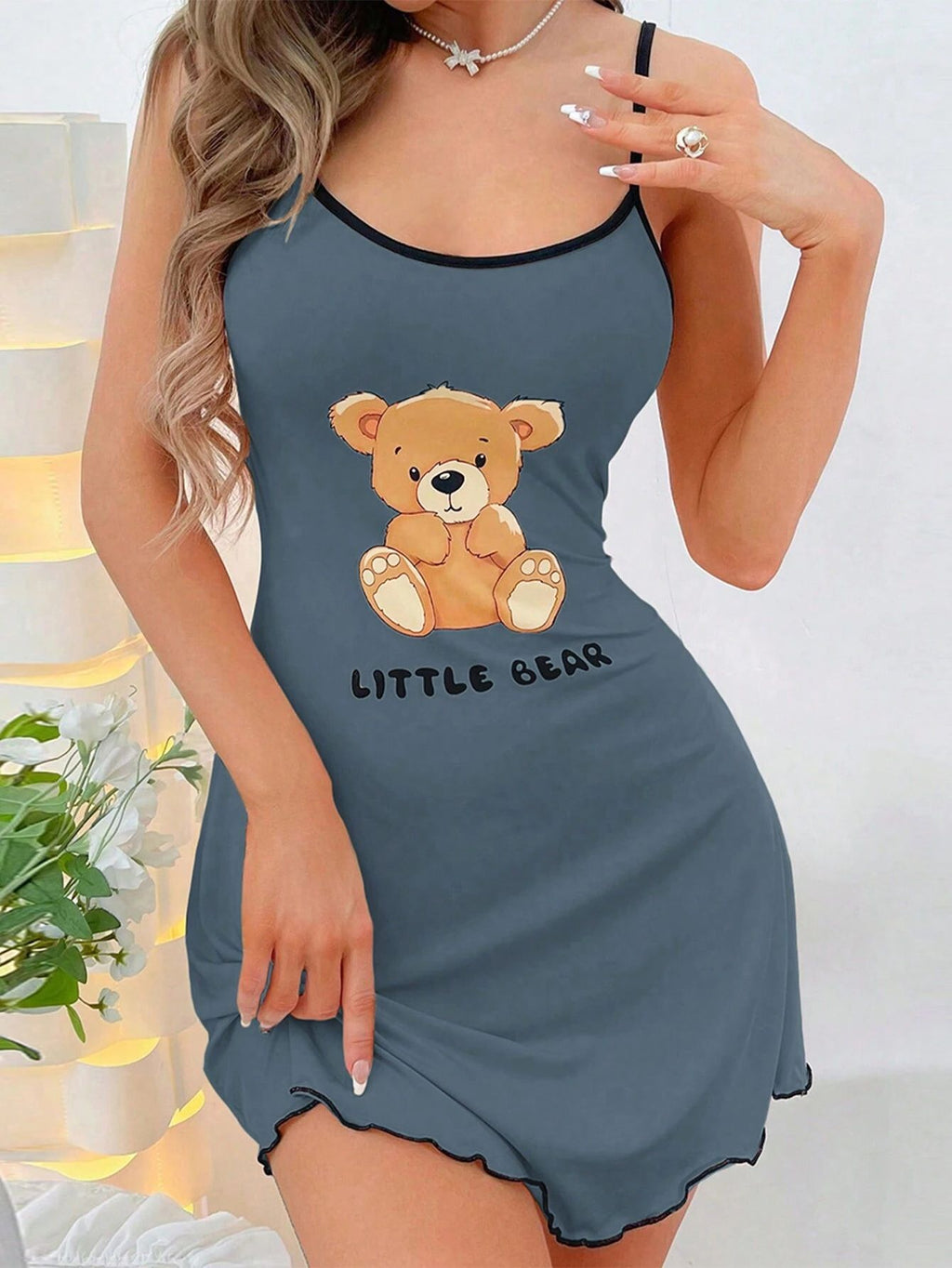 Womens Printed Camisole Nightgown Slim Fit Short Home Dress