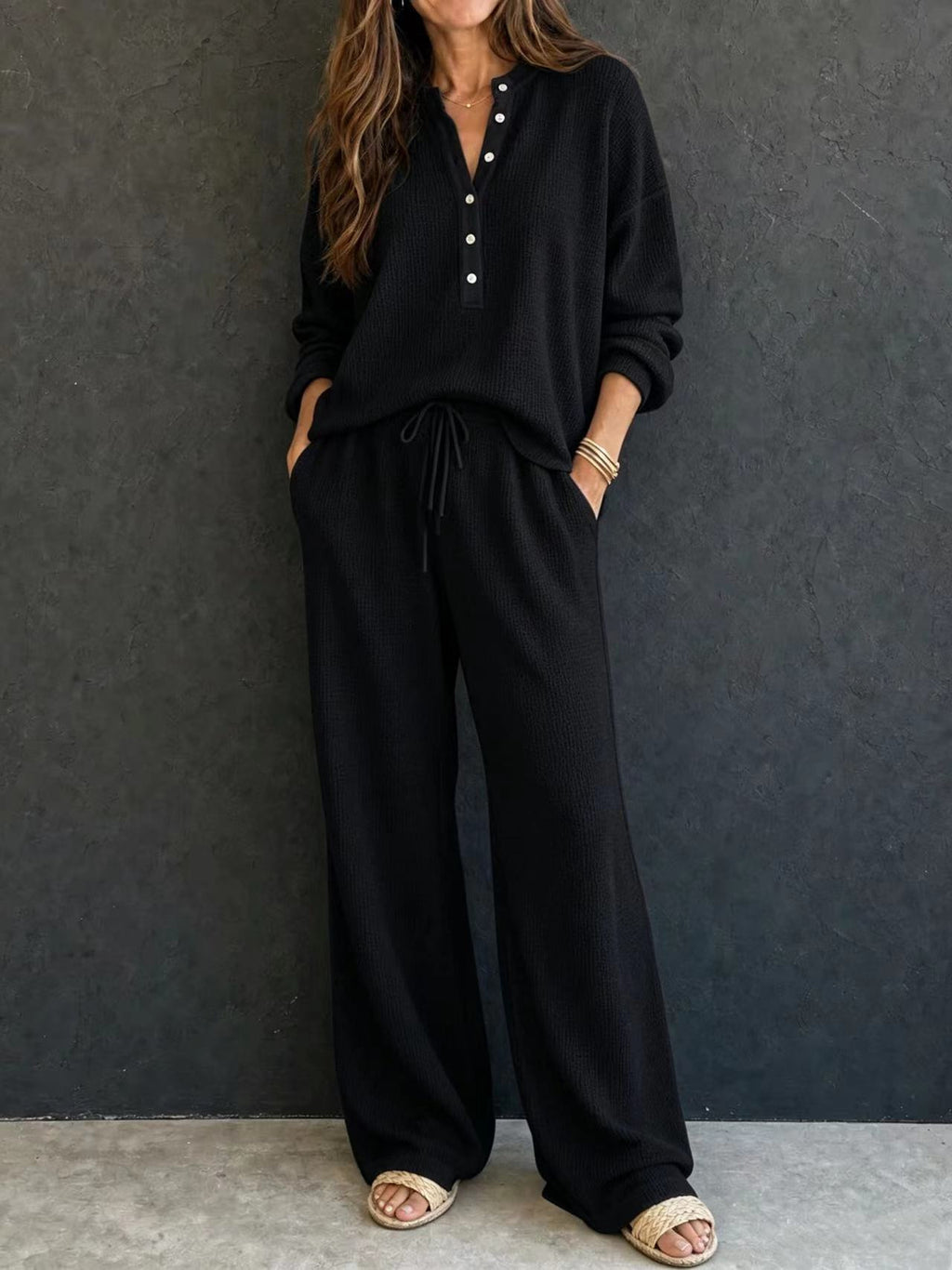 Women's Solid Color Knit Rib Top Straight Pants Set