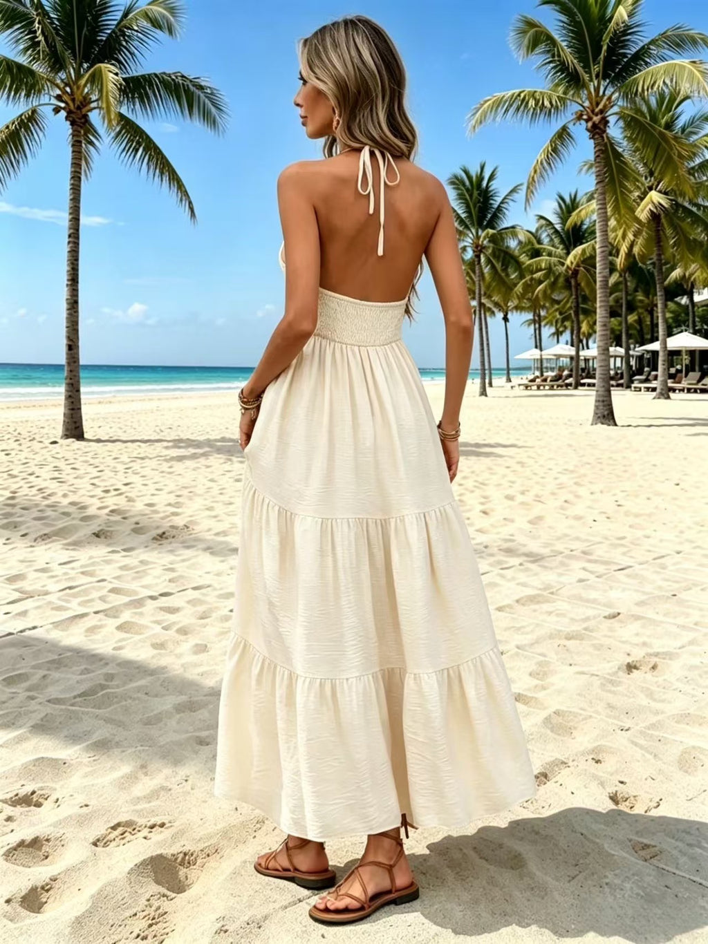 V-Neck Halter Tie Tassel Long Dress