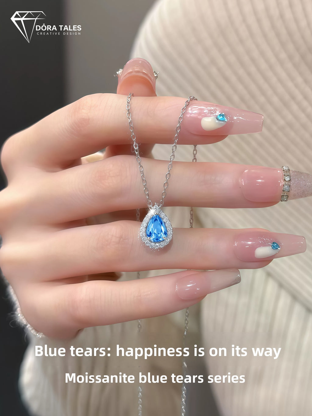 Moissanite Necklace with Blue Tear Pendant