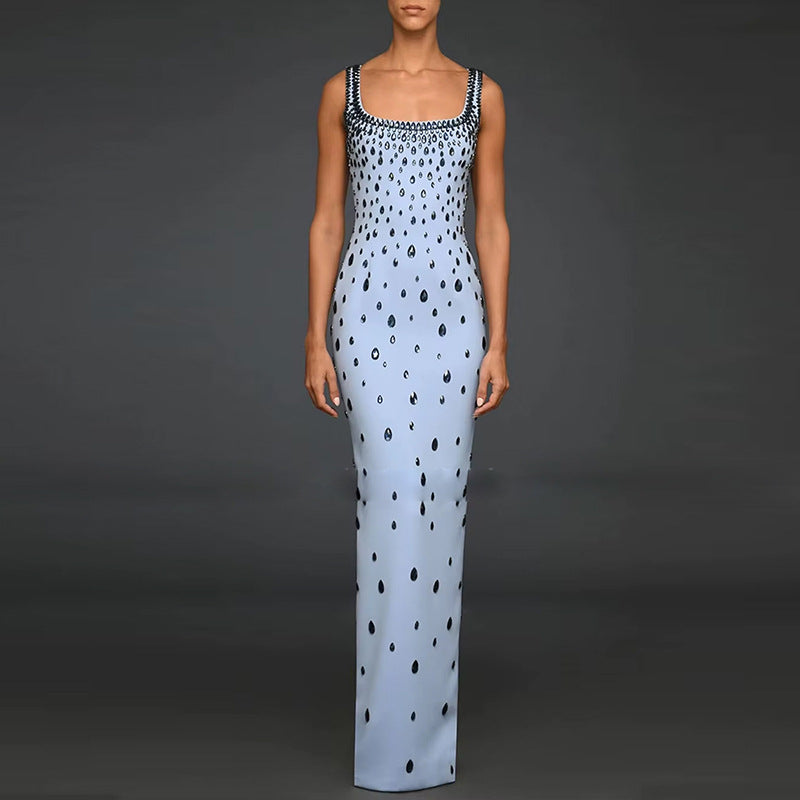 Women?s Hand-Stitched Rhinestone Beaded Sleeveless Long Dress Gown