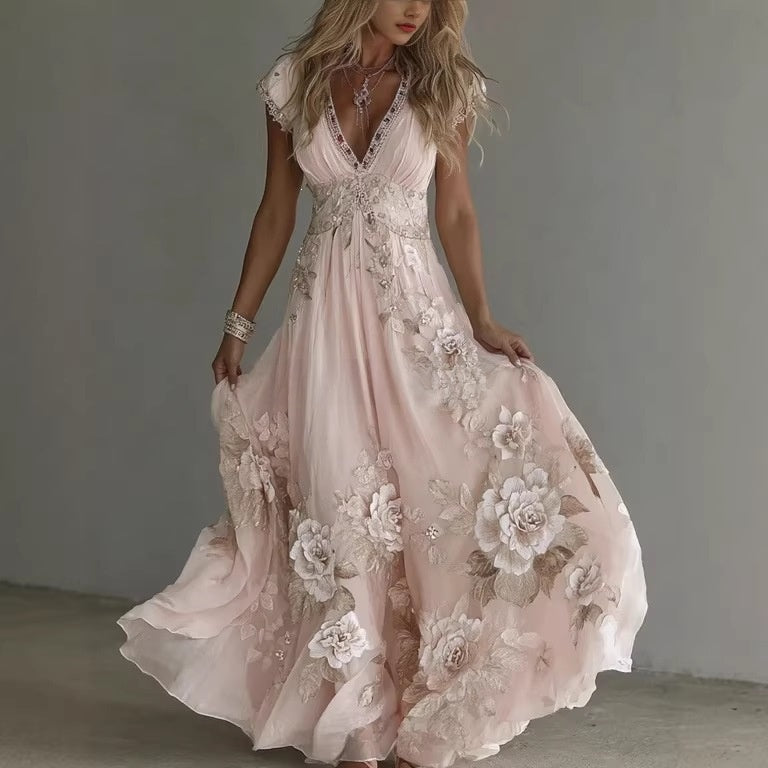 Women's Floral Print Deep V-Neck Sleeveless Slim Fit Midi Dress