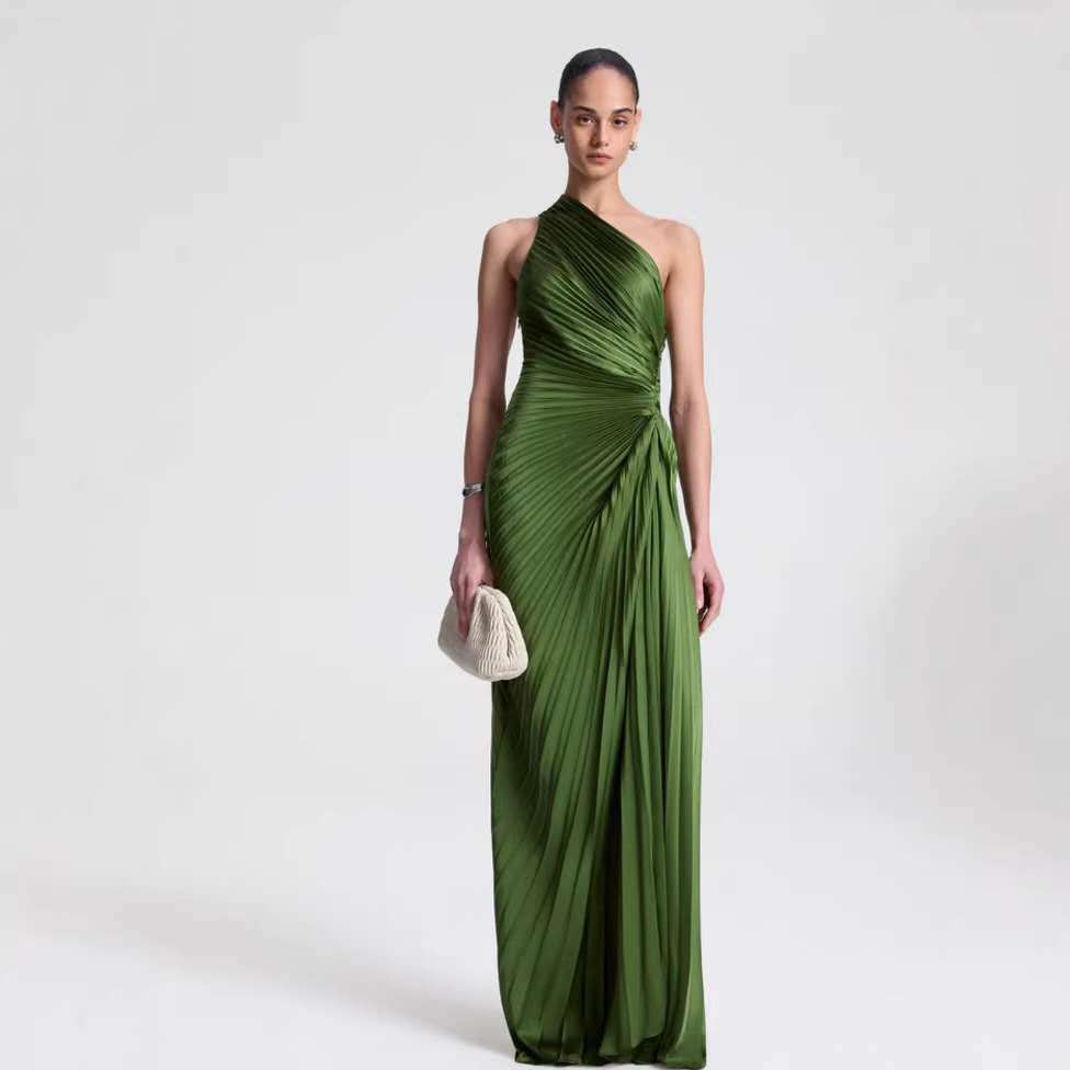 Women's Satin Halter Neck High-Waisted Pleated Long Dress
