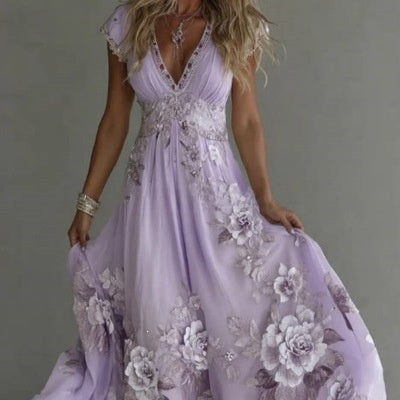 Women's Floral Print Deep V-Neck Sleeveless Slim Fit Midi Dress