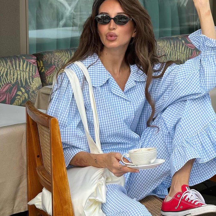 Fashion casual plaid suit women's 2025 new lapel horn sleeve shirt ruffled trousers two-piece set