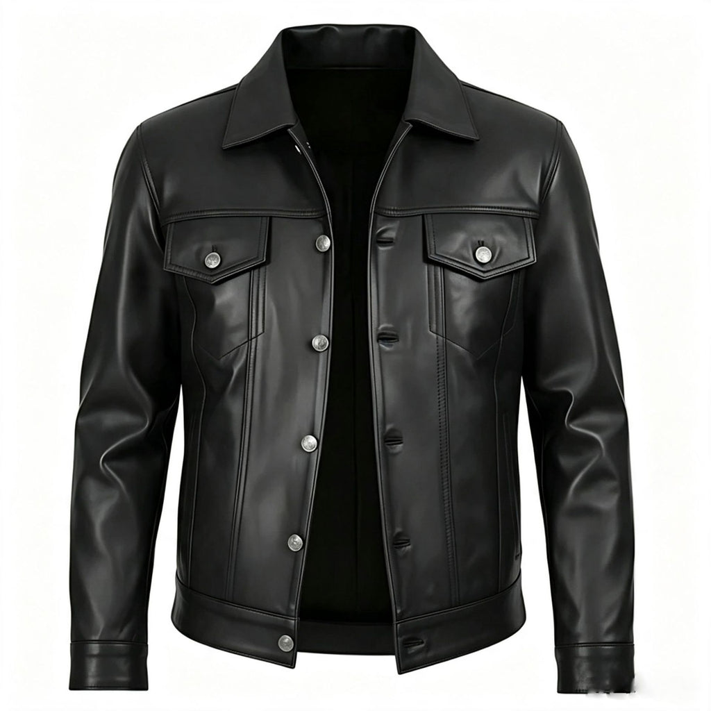 Mens PU Leather Notch Lapel Jacket