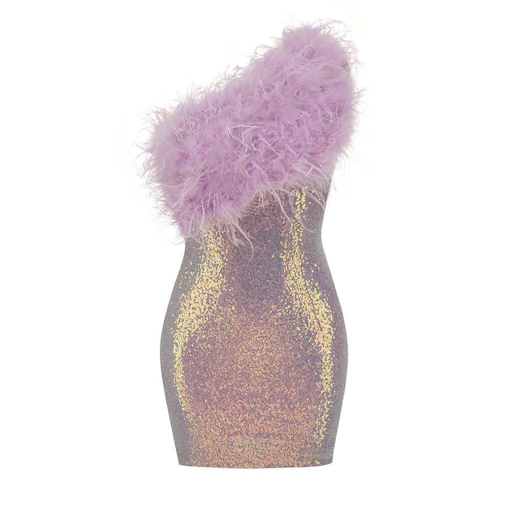 Purple Sequin Ostrich Hair Stitching Cocktail Dress