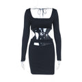 Womens Hollow Waist Long Sleeve Pencil Dress
