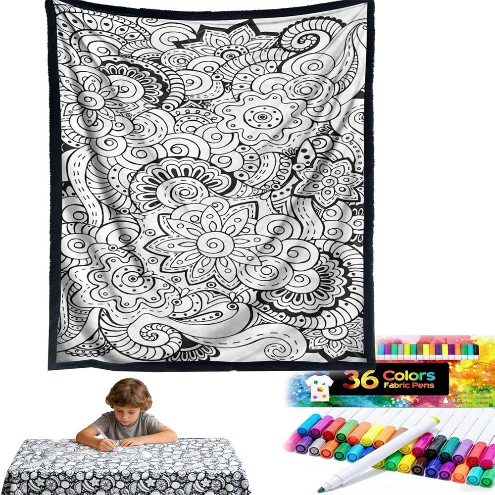 Black and white line-drawn graffiti rug