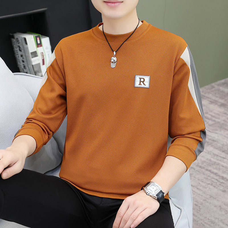 Men's Patchwork Letter Embroidery Long Sleeve Round Neck Loose Polyester T-Shirt