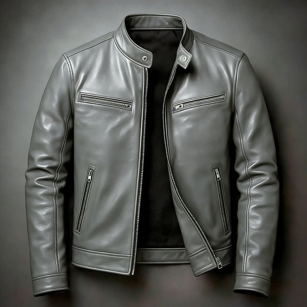 Mens PU Leather Jacket Stand Collar Slim Fit Coat