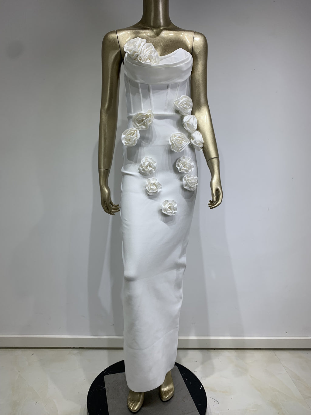 Womens Floral Applique Strapless Long Dress