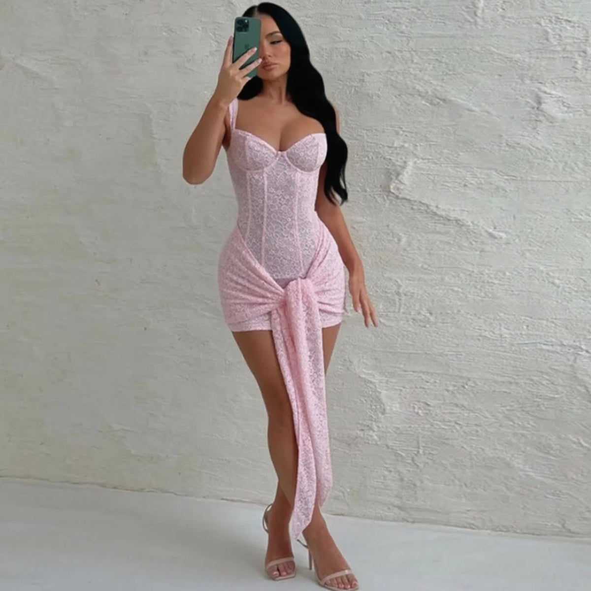 Lace V-Neck Waist Stitch Strappy Dress