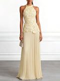 Women Halter Neck Sleeveless Pleated Dress Solid Color Long Maxi Dress