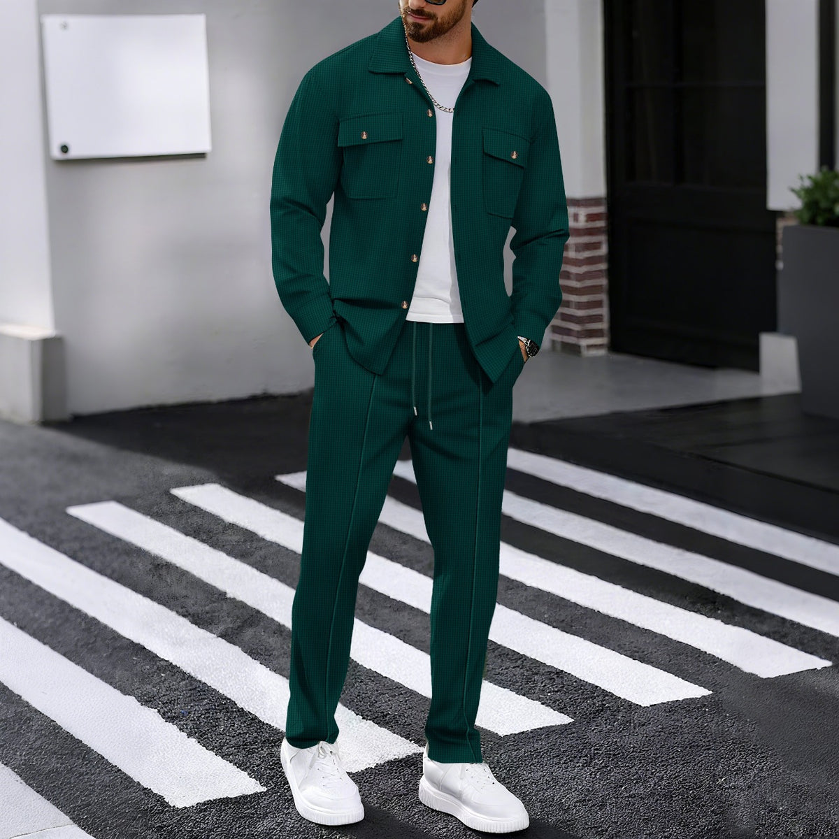 Waffle-pattern long-sleeve pants