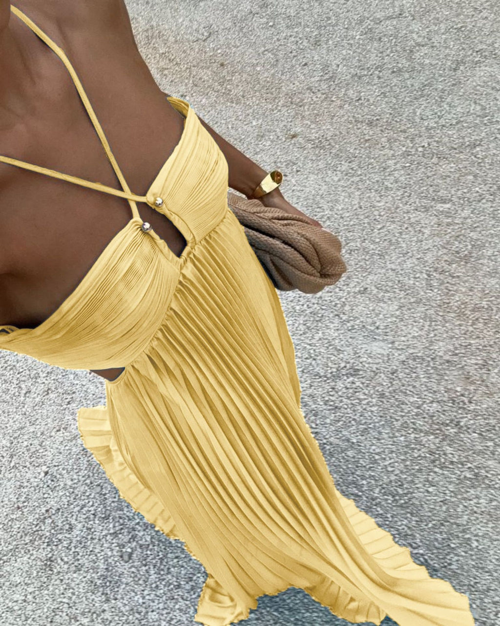 Solid Color Pleated Sleeveless Strap Dress