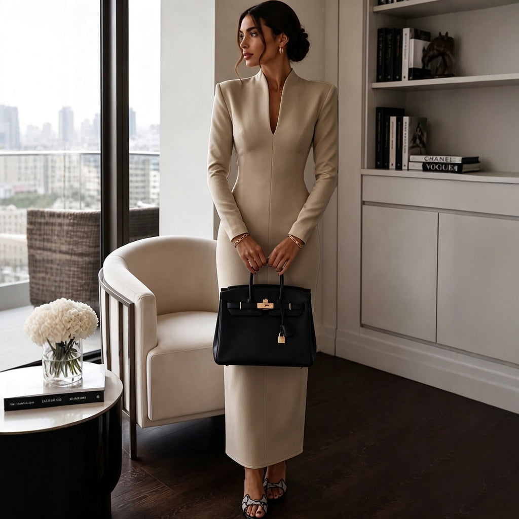 Women's Elegant Stand Collar V-Neck Long Sleeve Bodycon Dress