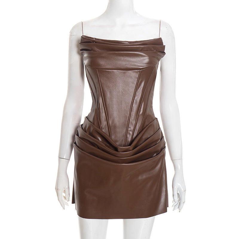 Womens PU Pleated Tube Dress