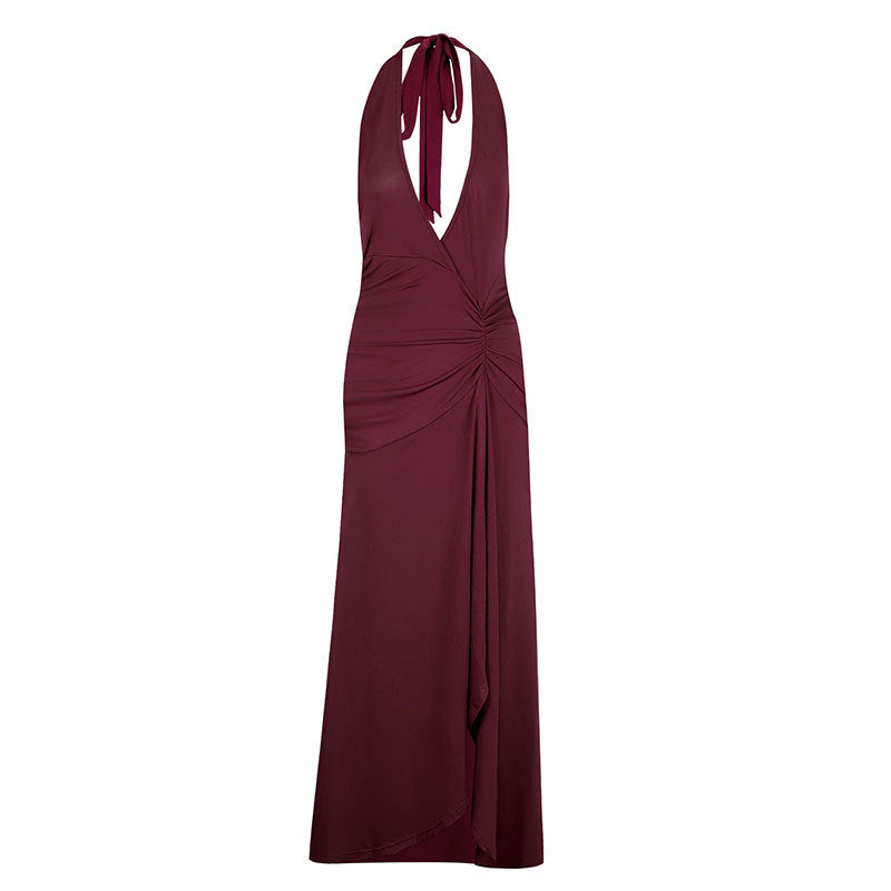 Womens Backless Deep V Halter Neck Pleated Dress