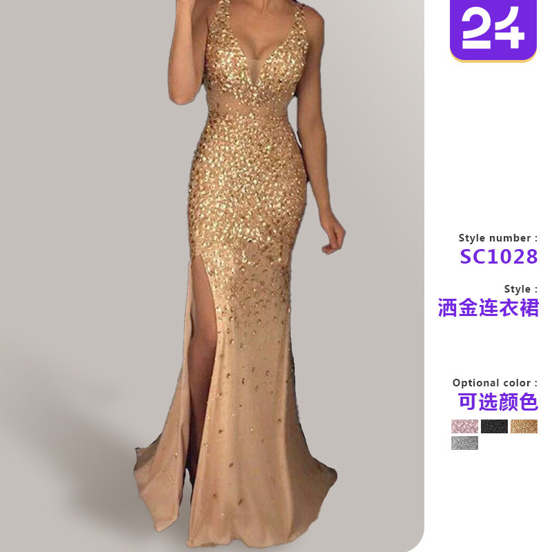 2027 New European and American Cross-Border Women's Clothing Amazon Long Dress with Straps, V-Neck, Slit, and Gold Embellishments
