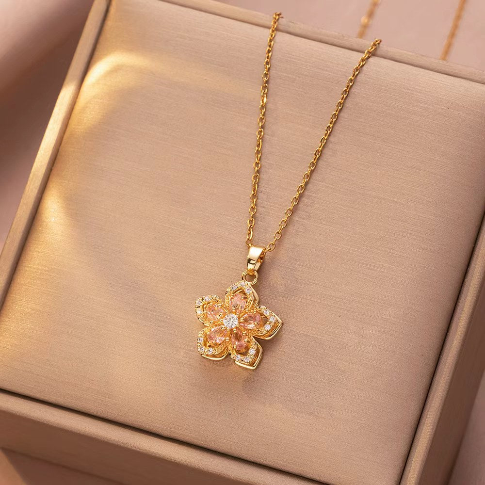 Rotating Bauhinia Flower Zircon Necklace