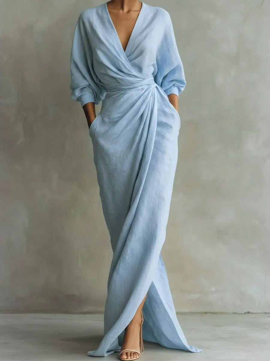 Solid-color V-neck long-sleeve slit waist-cinching dress with pockets