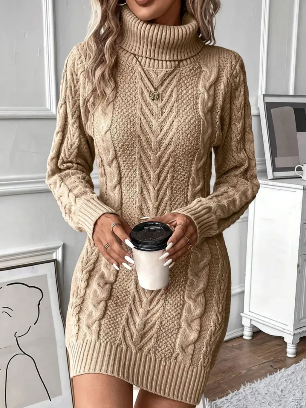 Women's Elegant Twist Knit High Neck Long Sleeve Bodycon Sweater Dress