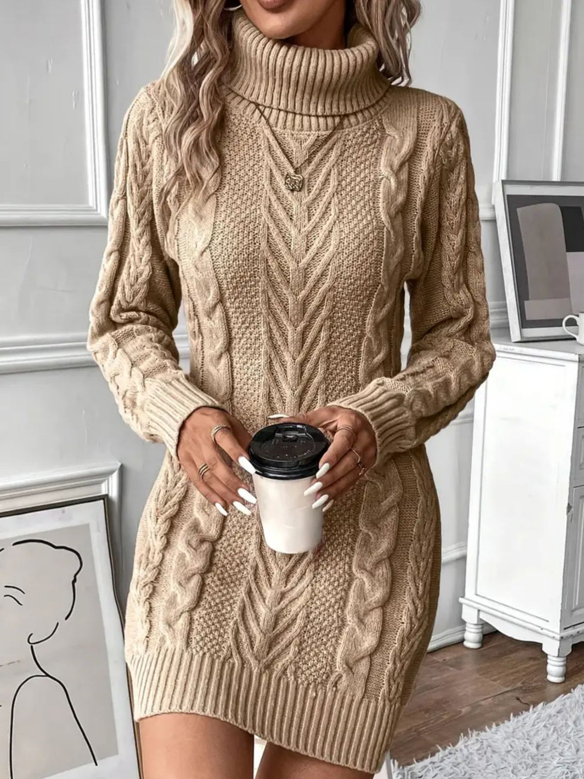 Women's Elegant Twist Knit High Neck Long Sleeve Bodycon Sweater Dress