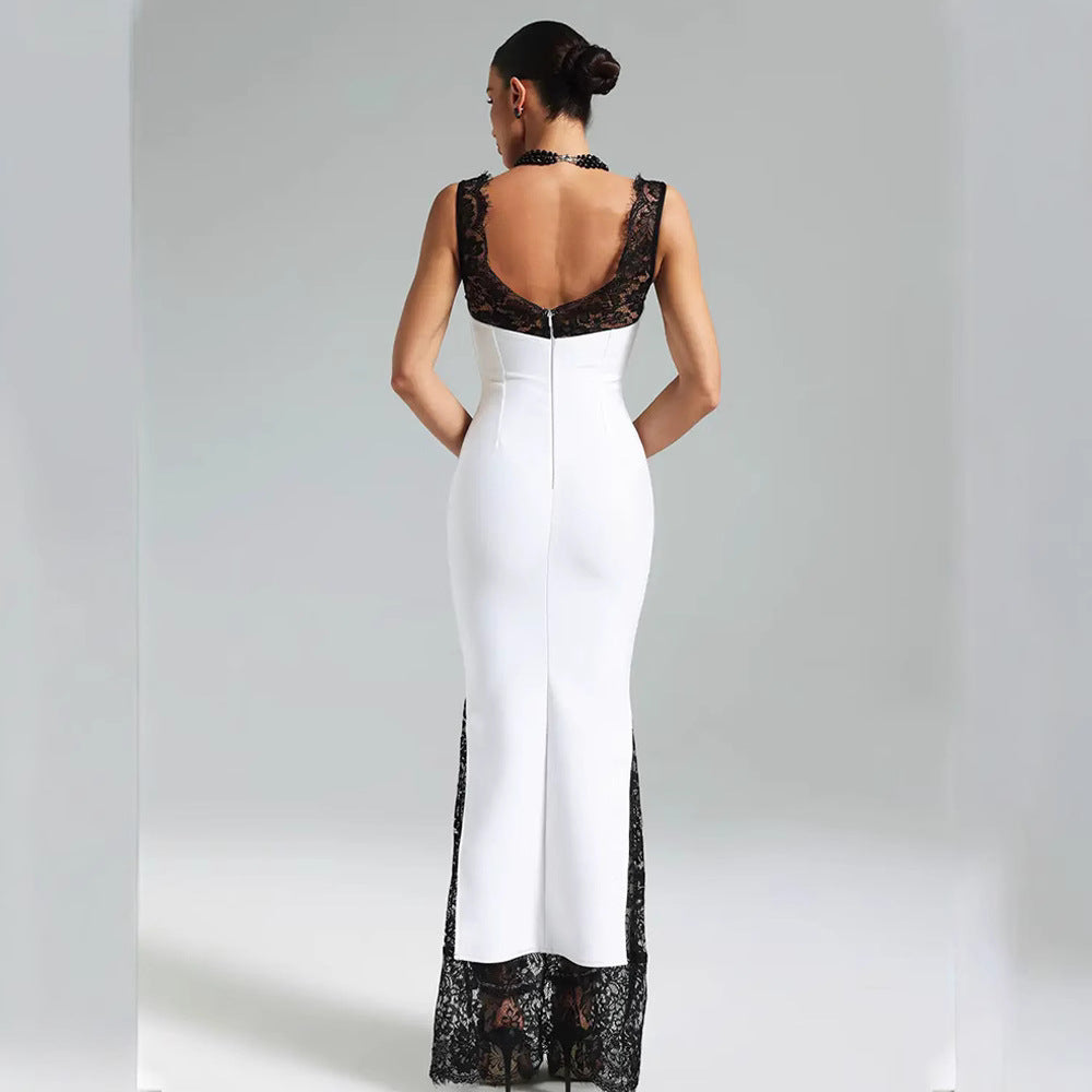 Sleeveless Strap V-Neck Lace Stitching Elegant Dress