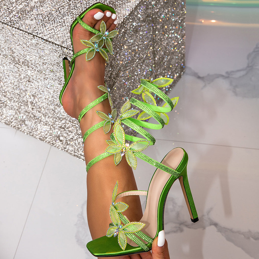 Snake Strap Rhinestone Stiletto Sandals