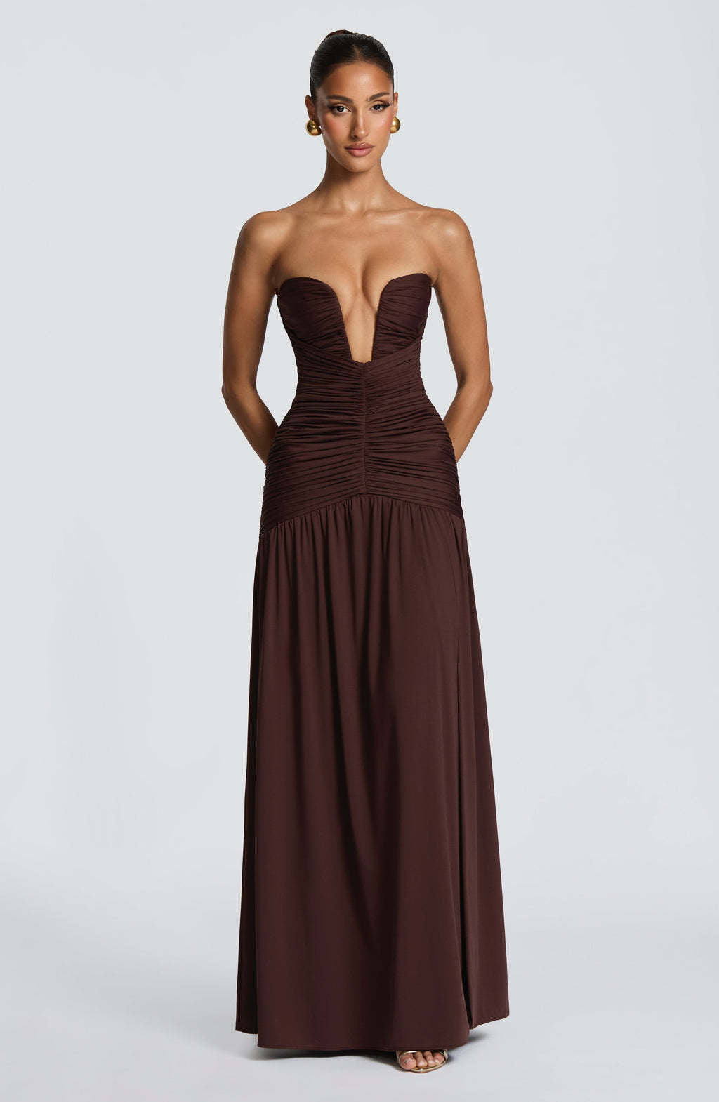 Women Elegant Solid Color Strapless High-Slit Ruched Slim-Fit Dress