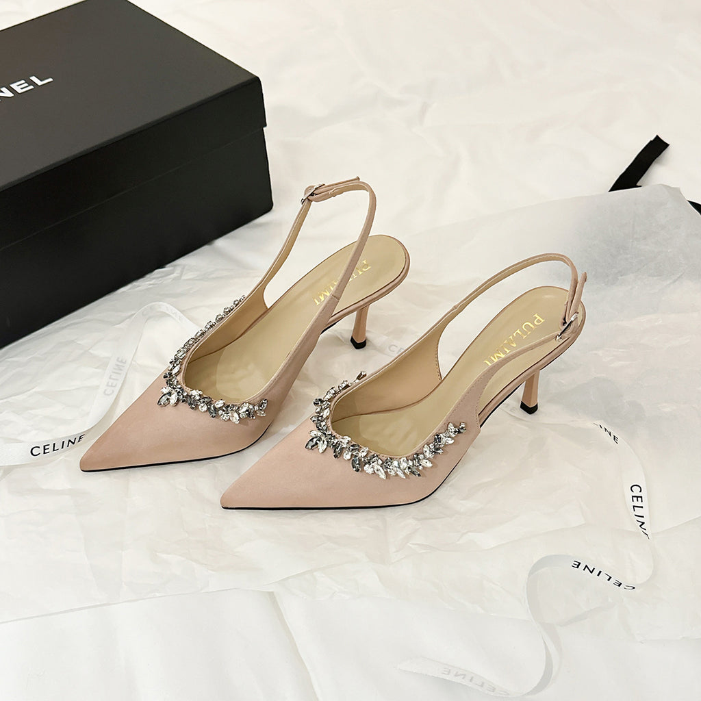 Rhinestone Stiletto Heel Pointed Toe Satin Open Back Sandals for Women