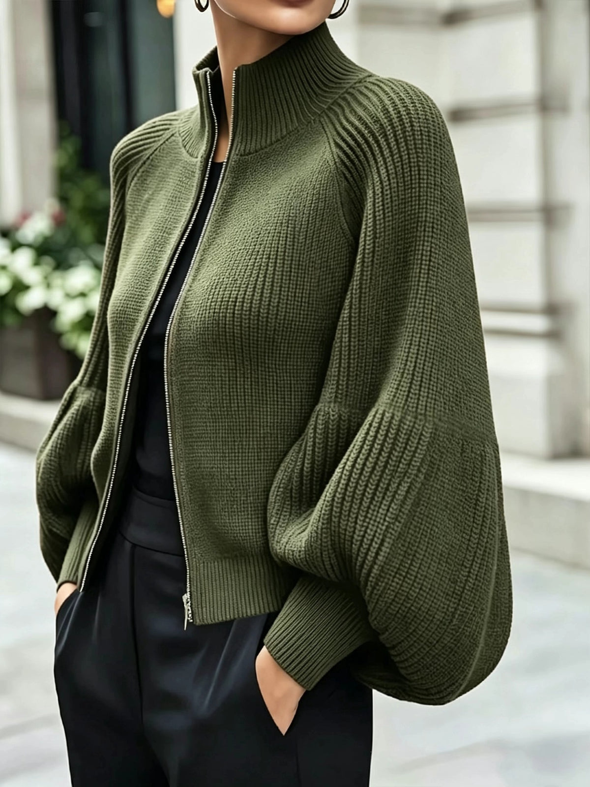 Women's Textured Knit Stand Collar Balloon Sleeve Cardigan