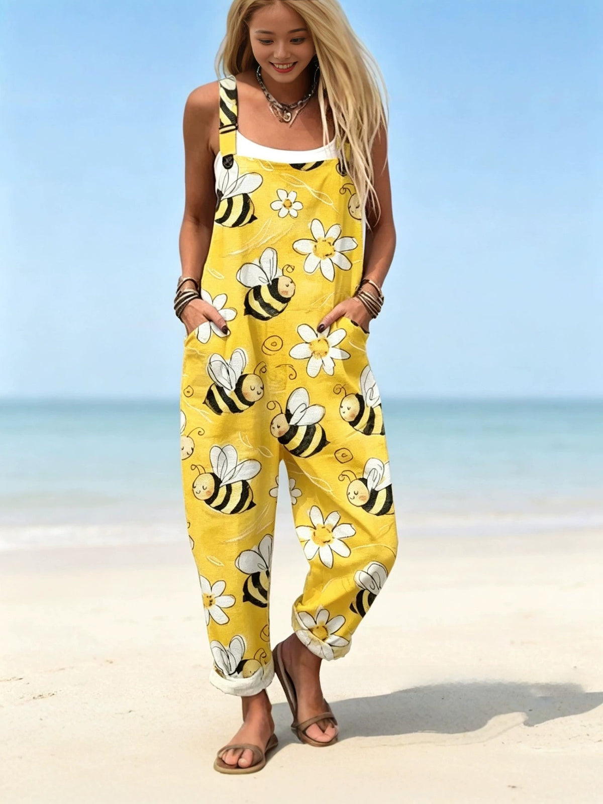 Women's sleeveless printed long-style drawstring pants