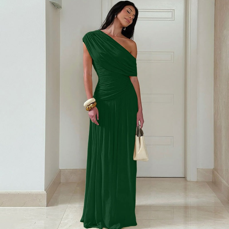 Womens Asymmetrical Neckline Pleated Dress