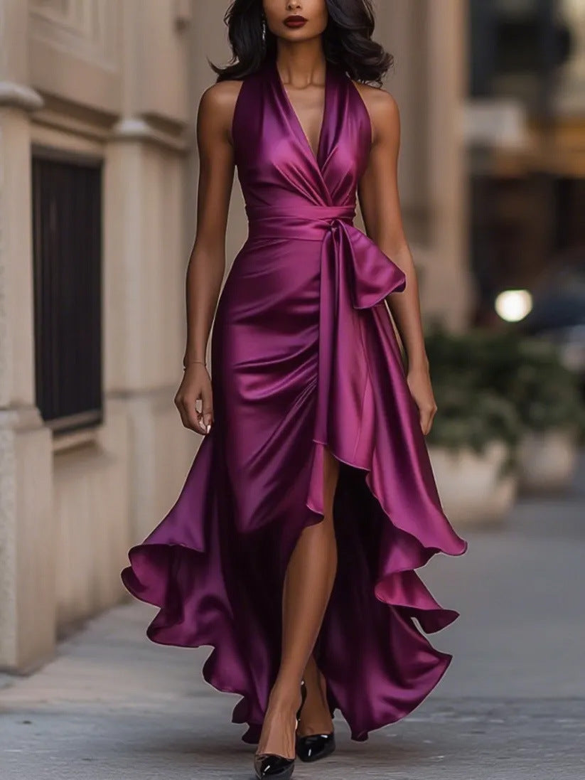 Womens Elegant V-Neck Ruffled Dress