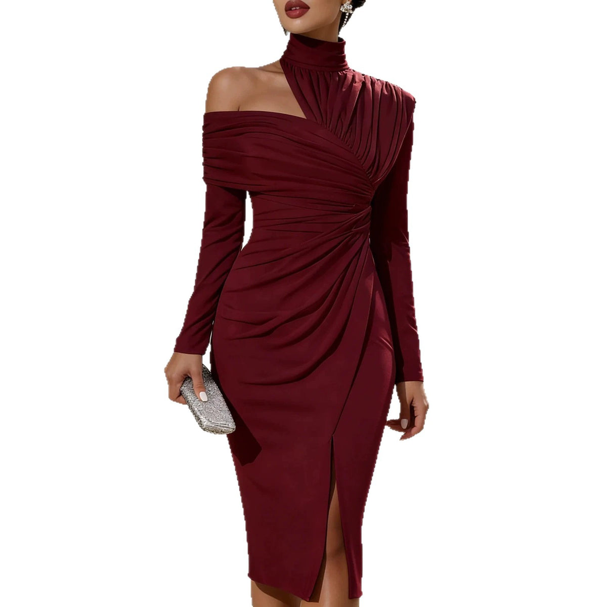 Women's Elegant Solid Color Hollow-Out Knitted Dress with Ruched Slit Long Sleeve