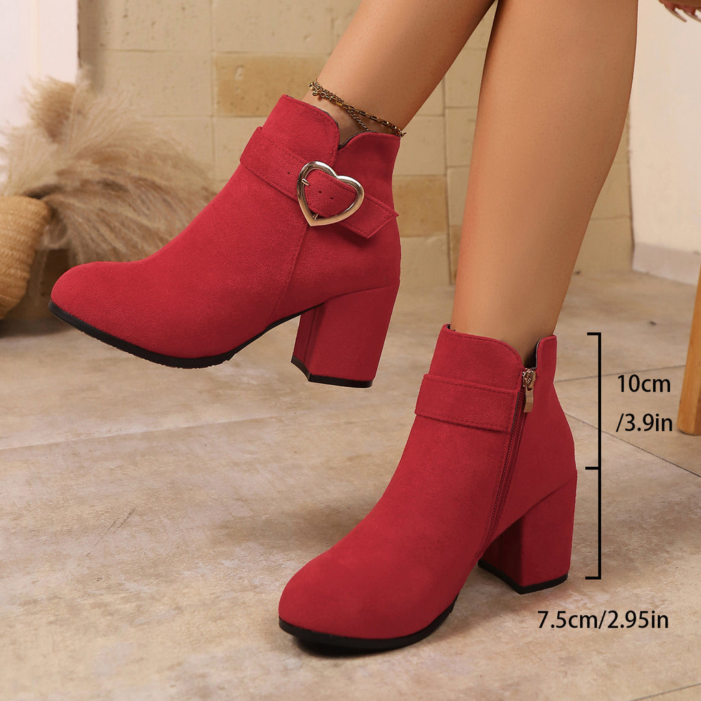 Women's Heart Metal Buckle Suede Mid-Heel Short Boots with Side Zipper