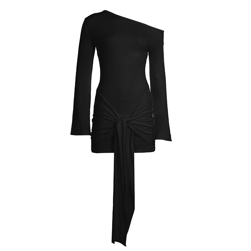 Slanted Shoulder Long Bell Sleeve Bodycon Dress