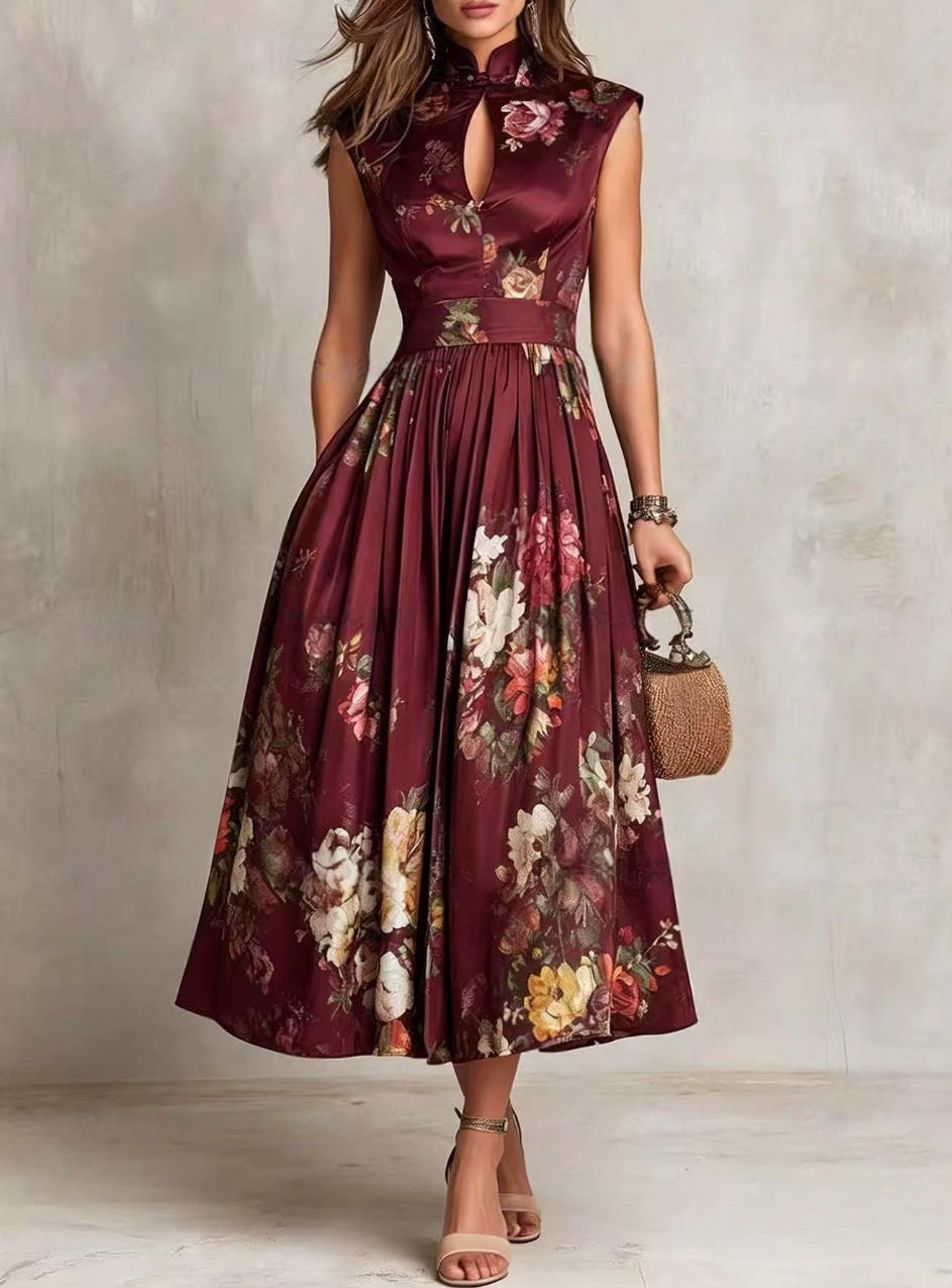 Women Sleeveless Floral Print Slim Fit Long Dress