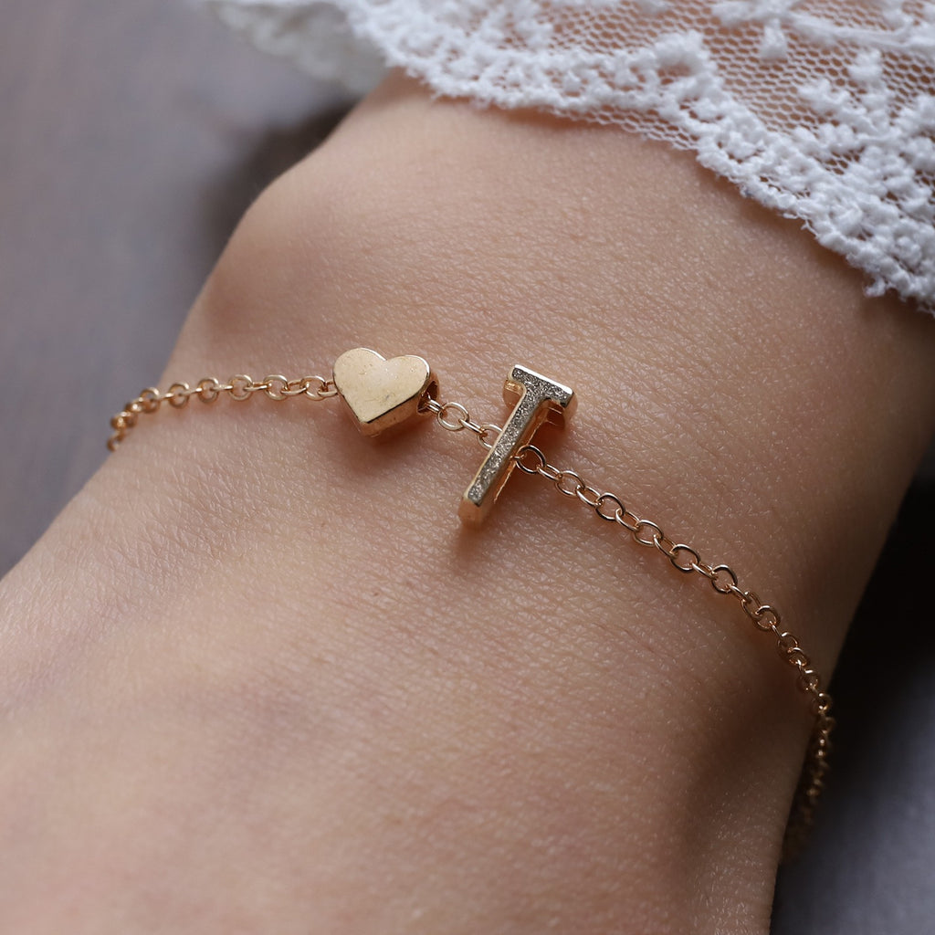 Heart Letter Necklace and Bracelet Set