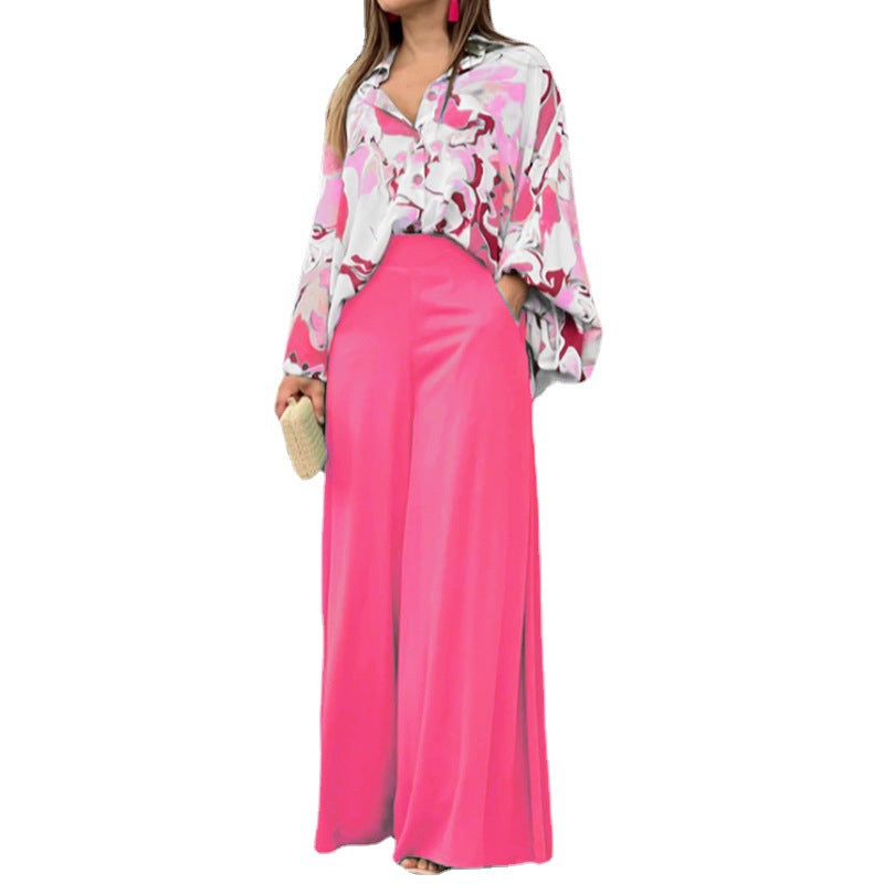 Floral Print Shirt and Wide-Leg Pants Set