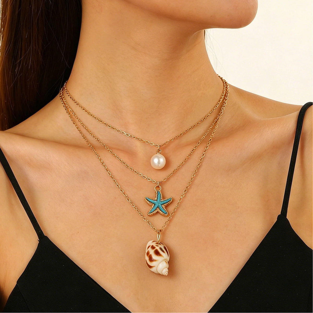 Layered Shell Pearl Starfish Pendant Bohemian Necklace