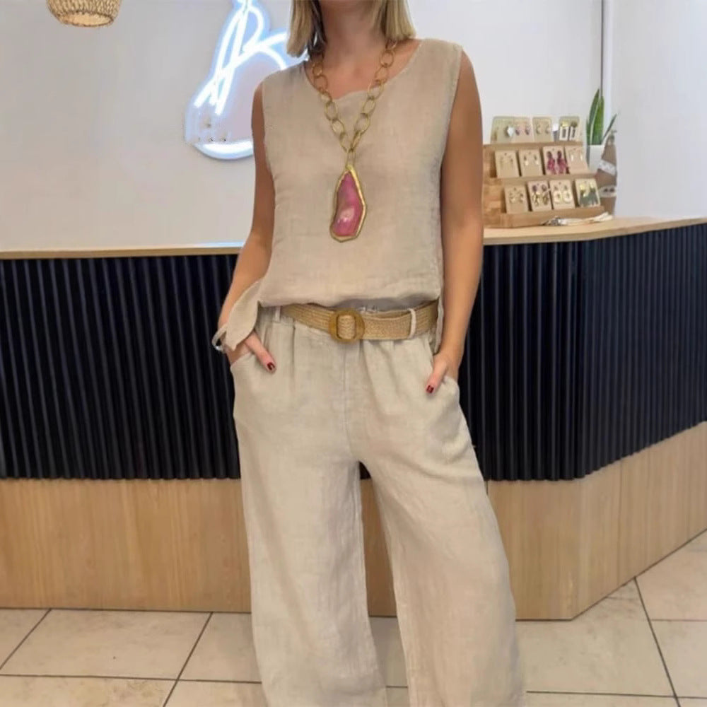 Women's Summer Cotton Linen Solid Color Sleeveless Two-Piece Pantsuit Set