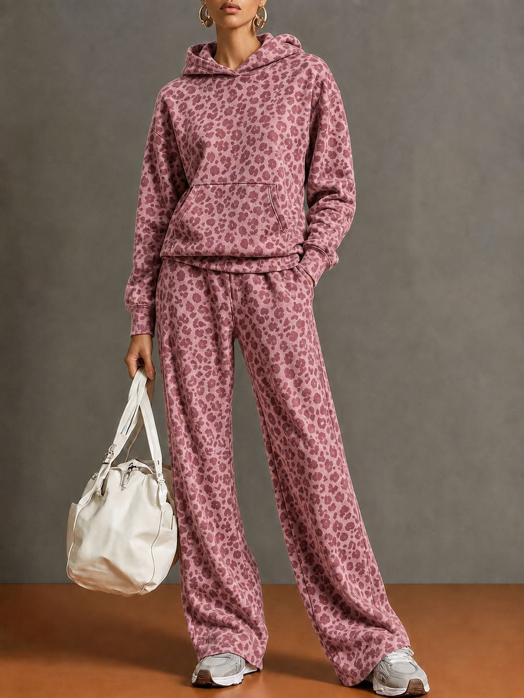 Vintage Leopard Print Hooded Sweatshirt and Wide-Leg Pants Set