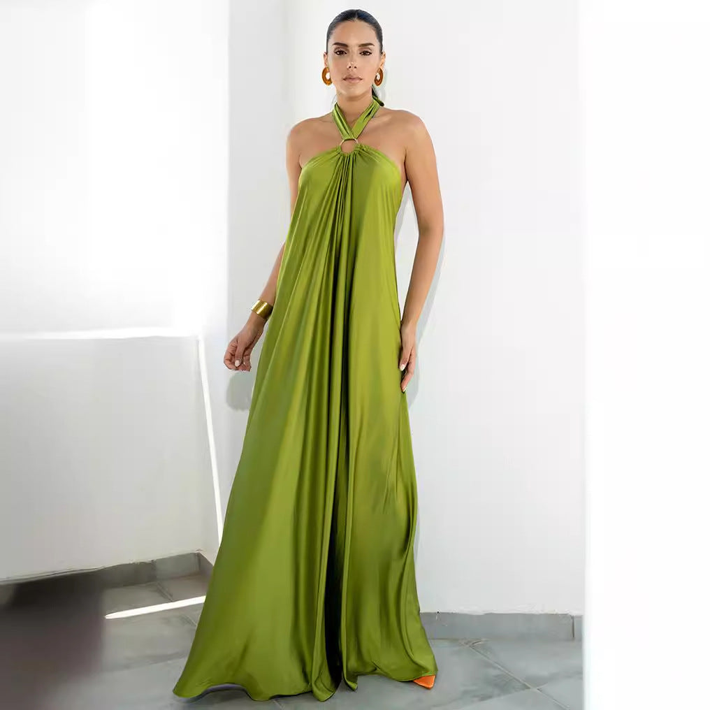 Women's Satin Spaghetti Strap Dress with Large Swing Skirt