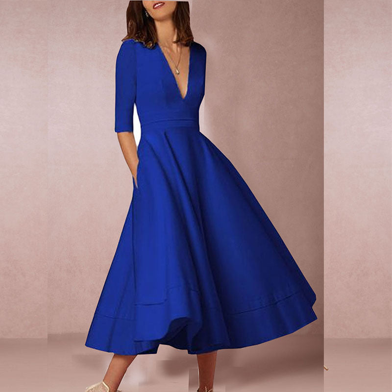 Womens Sexy Deep V Mid Sleeve Solid Color Splicing Swing Dress