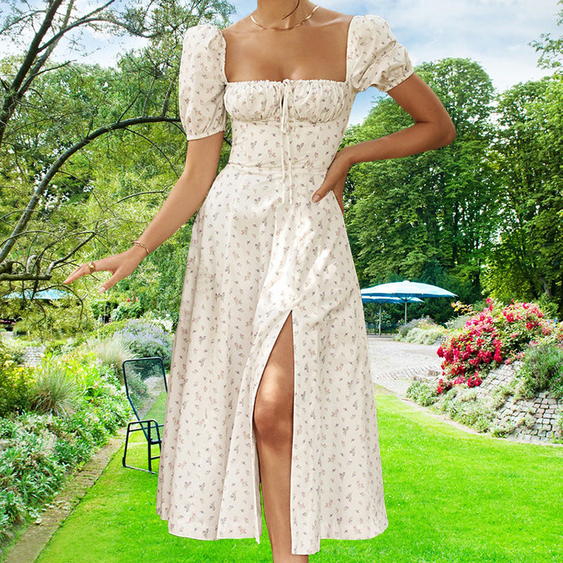 Floral Print Square Neck Slim Dress with Side Slit