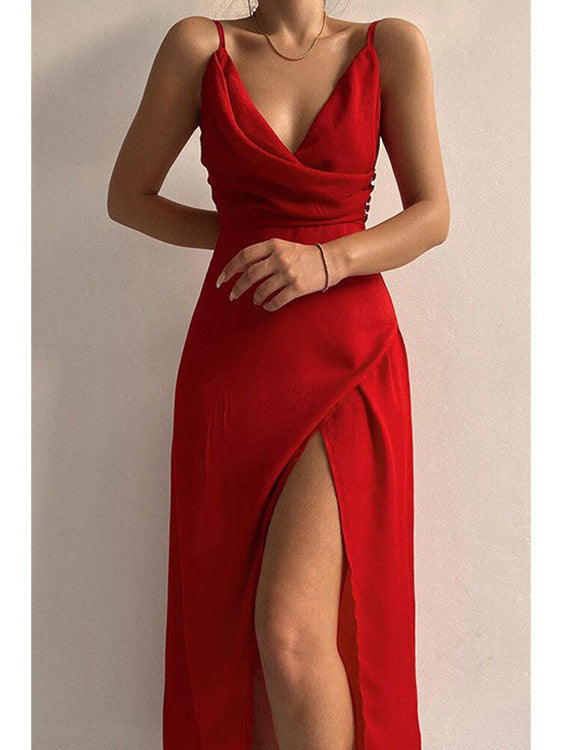Womens V-Neck Suspender Slit Dress